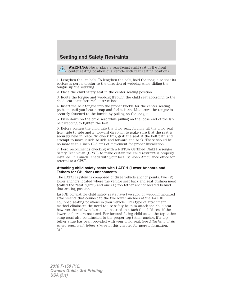 Seating and safety restraints | FORD 2010 F-150 v.3 User Manual | Page 212 / 419