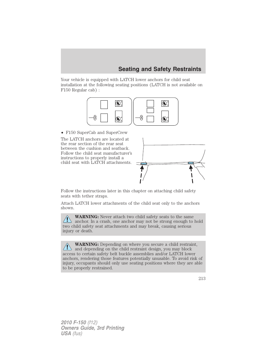 Seating and safety restraints | FORD 2010 F-150 v.3 User Manual | Page 213 / 419
