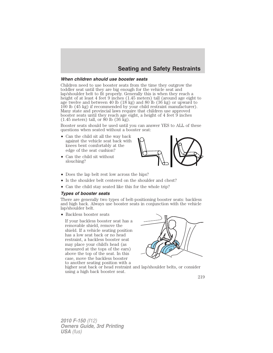 When children should use booster seats, Types of booster seats, Seating and safety restraints | FORD 2010 F-150 v.3 User Manual | Page 219 / 419