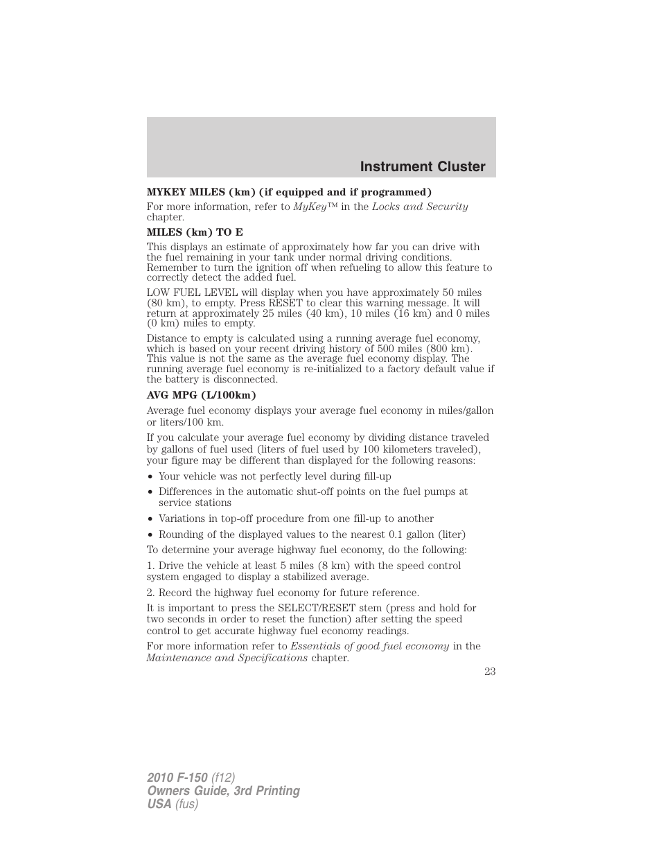 Instrument cluster | FORD 2010 F-150 v.3 User Manual | Page 23 / 419