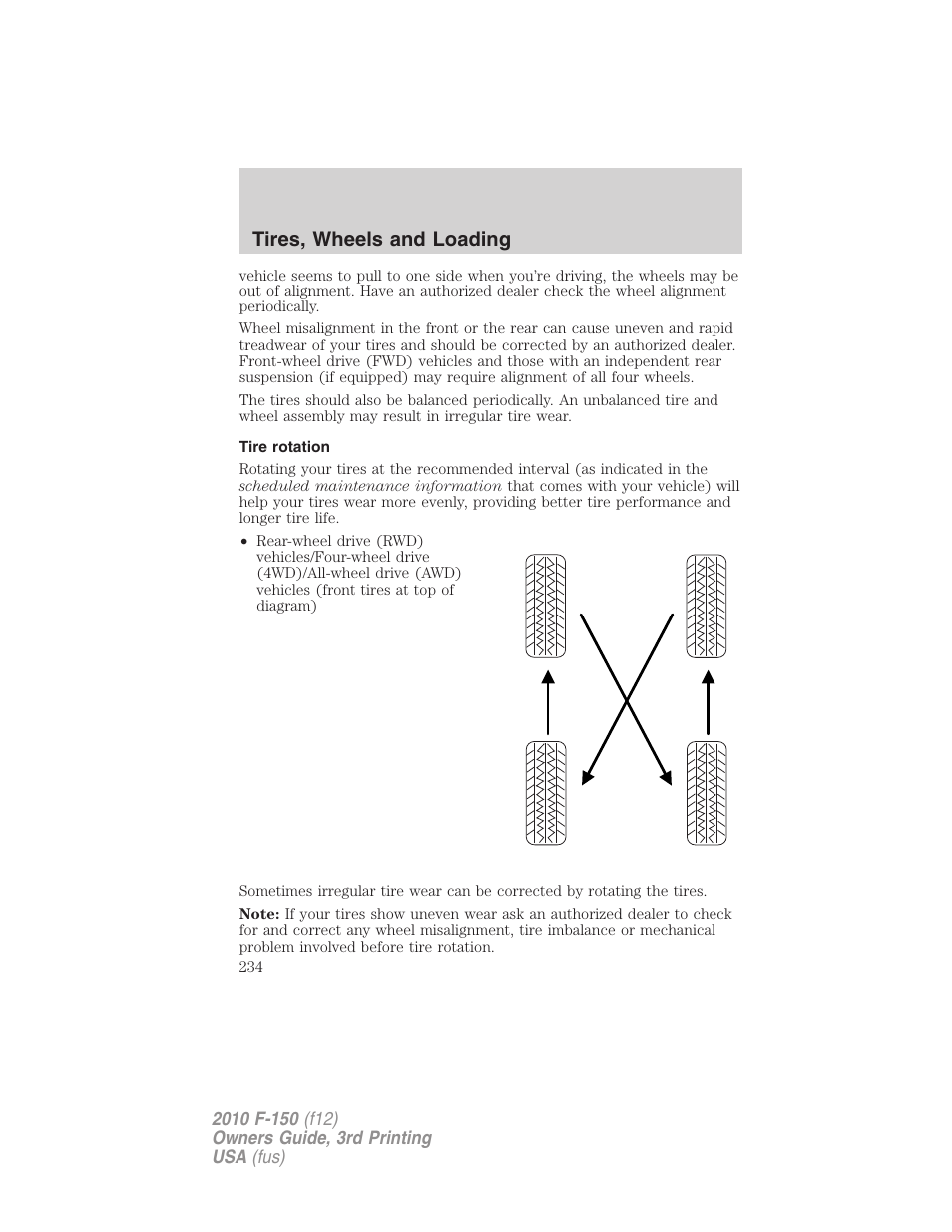 Tire rotation, Tires, wheels and loading | FORD 2010 F-150 v.3 User Manual | Page 234 / 419