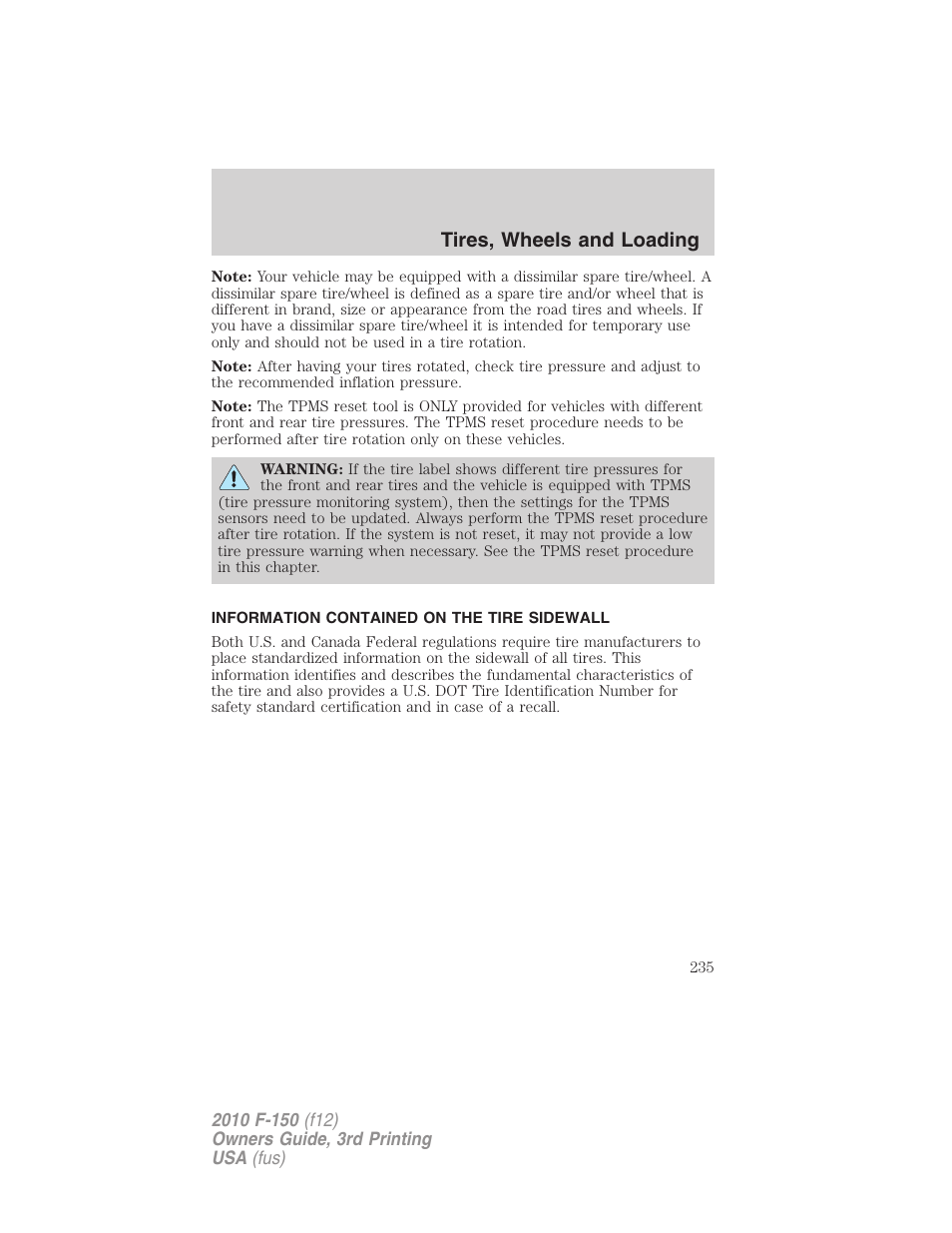 Information contained on the tire sidewall, Tires, wheels and loading | FORD 2010 F-150 v.3 User Manual | Page 235 / 419