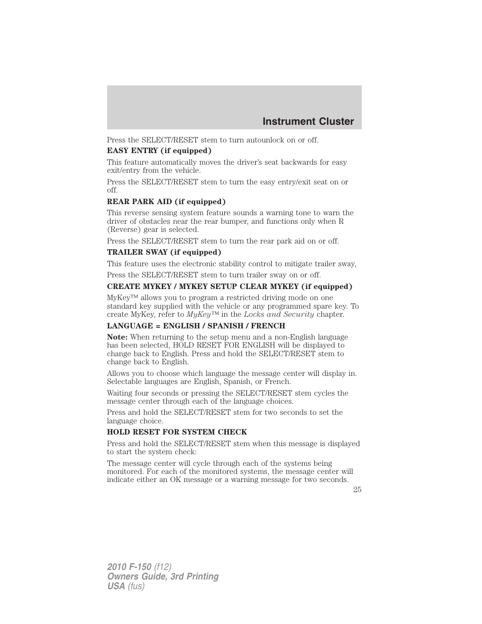 Instrument cluster | FORD 2010 F-150 v.3 User Manual | Page 25 / 419