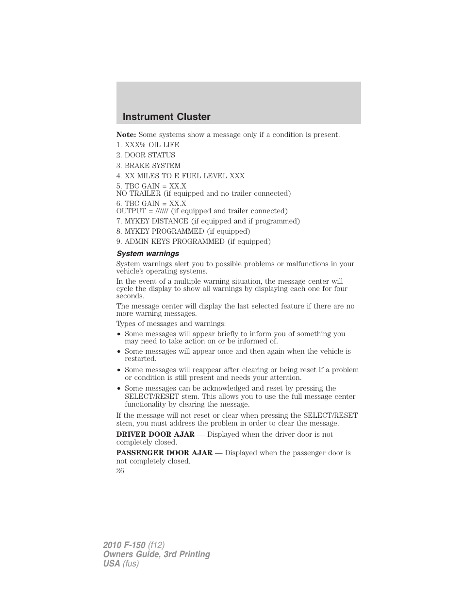 System warnings, Instrument cluster | FORD 2010 F-150 v.3 User Manual | Page 26 / 419