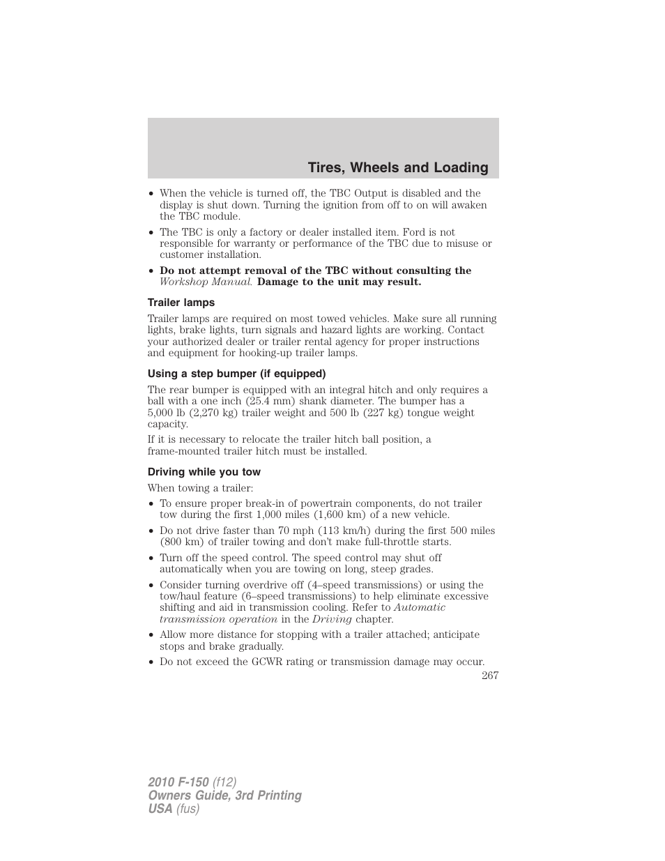 Trailer lamps, Using a step bumper (if equipped), Driving while you tow | Tires, wheels and loading | FORD 2010 F-150 v.3 User Manual | Page 267 / 419