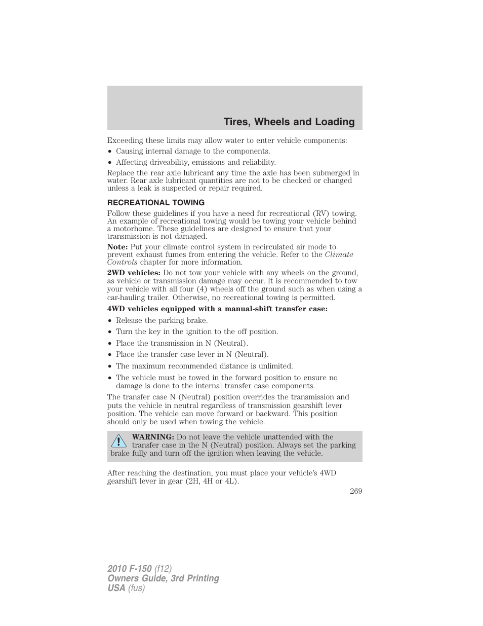 Recreational towing, Tires, wheels and loading | FORD 2010 F-150 v.3 User Manual | Page 269 / 419