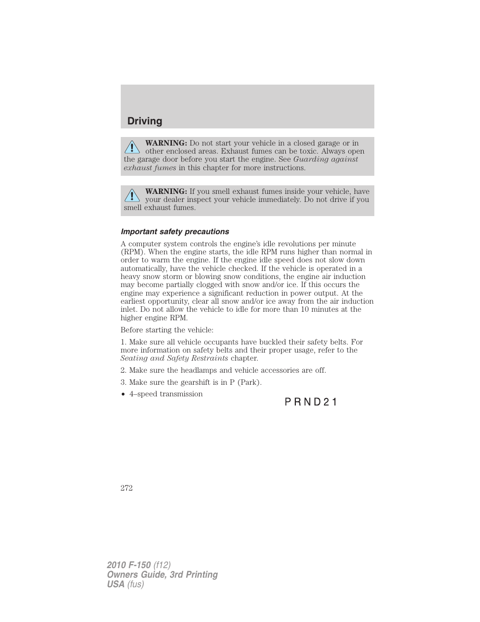 Important safety precautions, Driving | FORD 2010 F-150 v.3 User Manual | Page 272 / 419