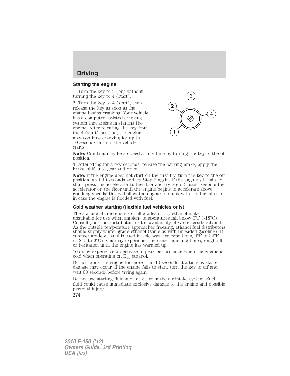 Starting the engine, Driving | FORD 2010 F-150 v.3 User Manual | Page 274 / 419