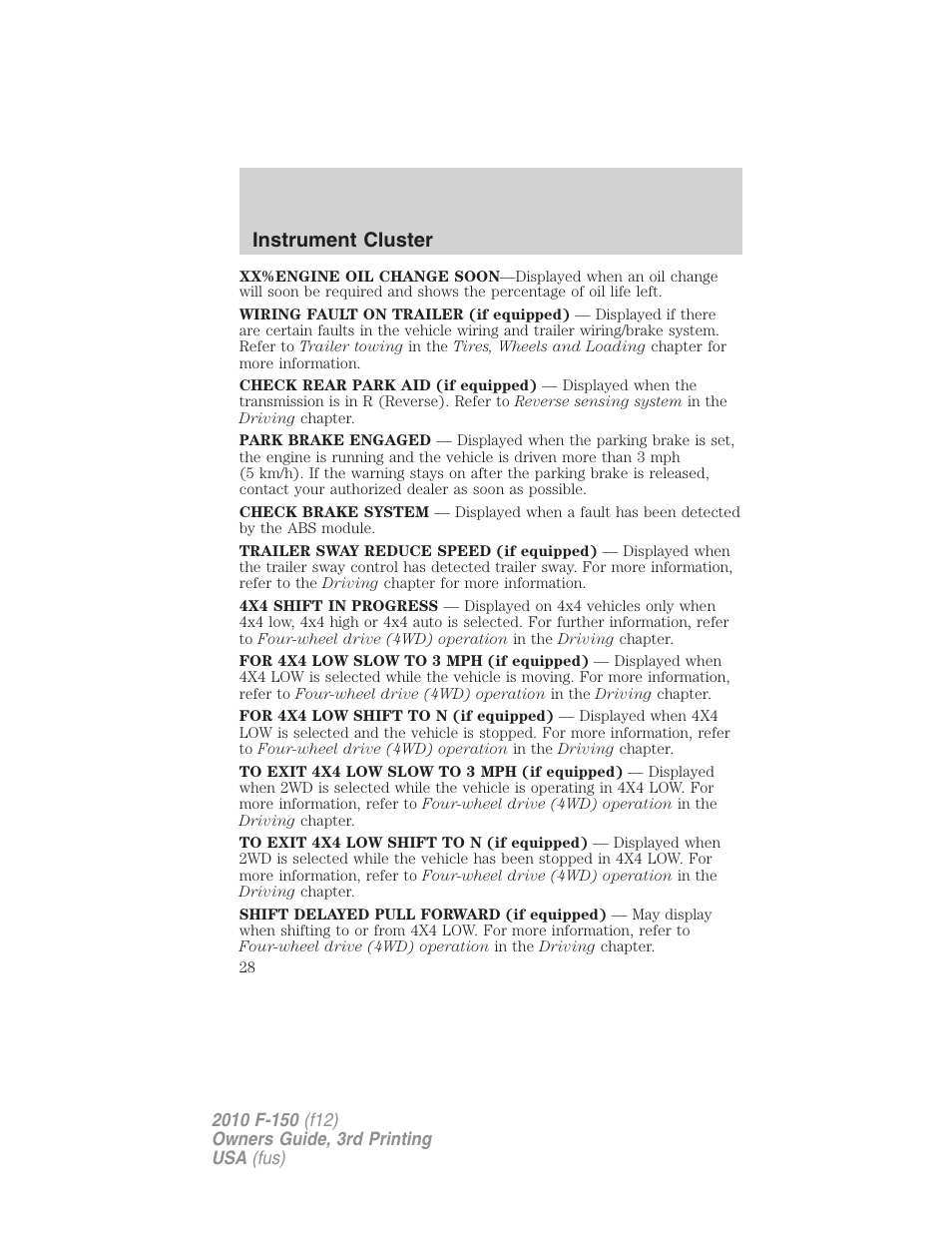 Instrument cluster | FORD 2010 F-150 v.3 User Manual | Page 28 / 419