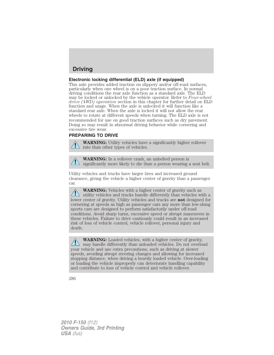 Preparing to drive, Driving | FORD 2010 F-150 v.3 User Manual | Page 286 / 419
