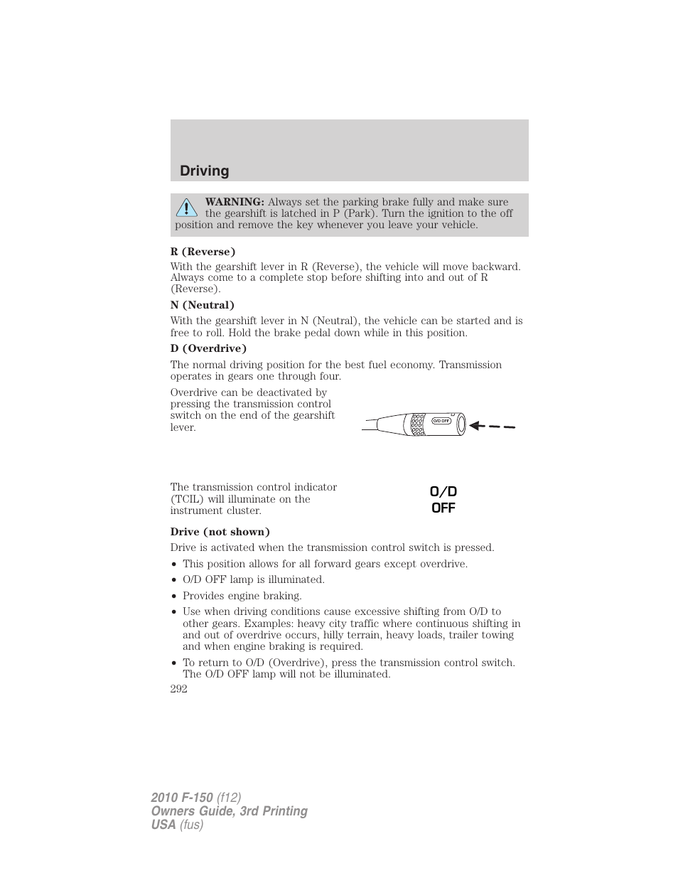 Driving | FORD 2010 F-150 v.3 User Manual | Page 292 / 419