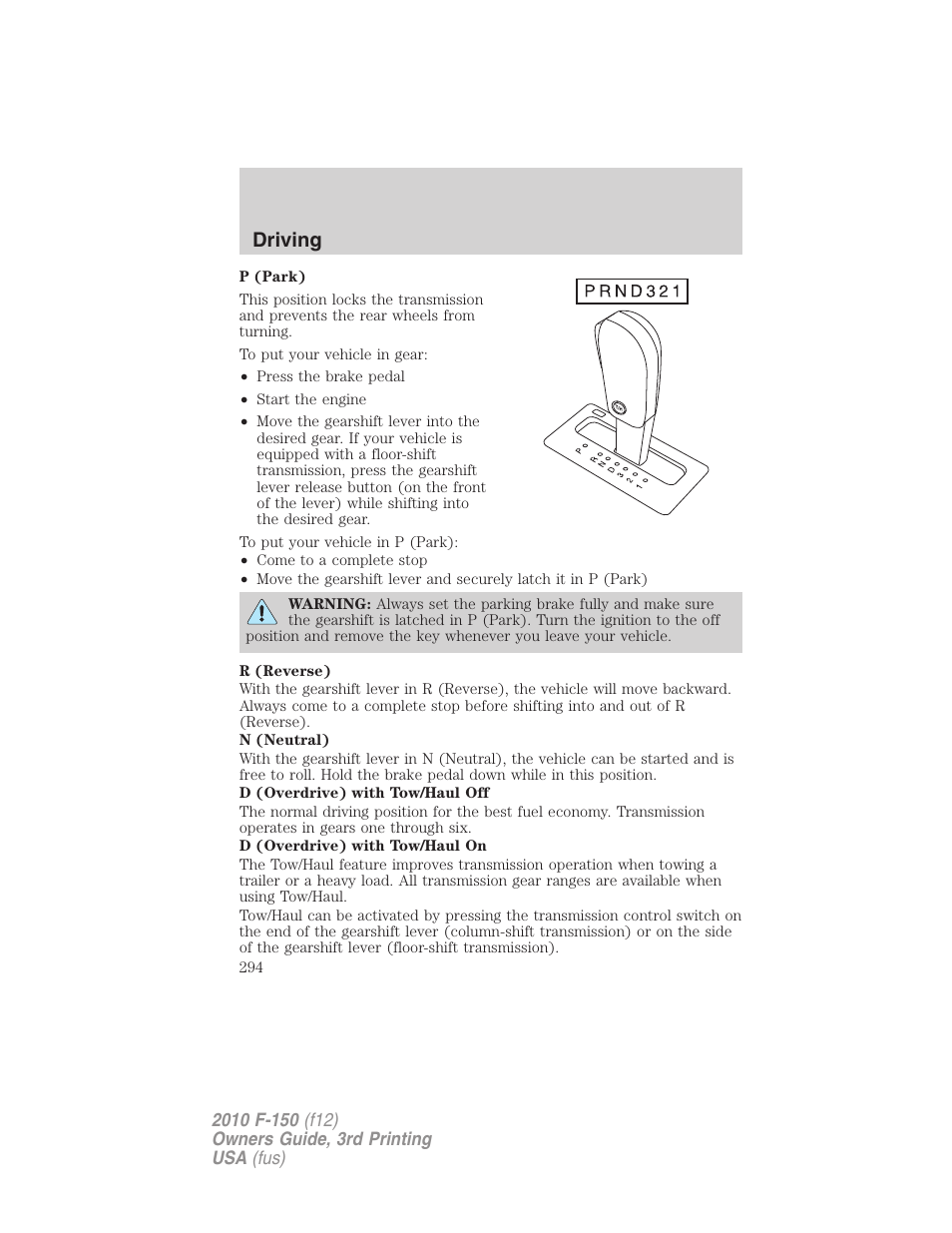 Driving | FORD 2010 F-150 v.3 User Manual | Page 294 / 419