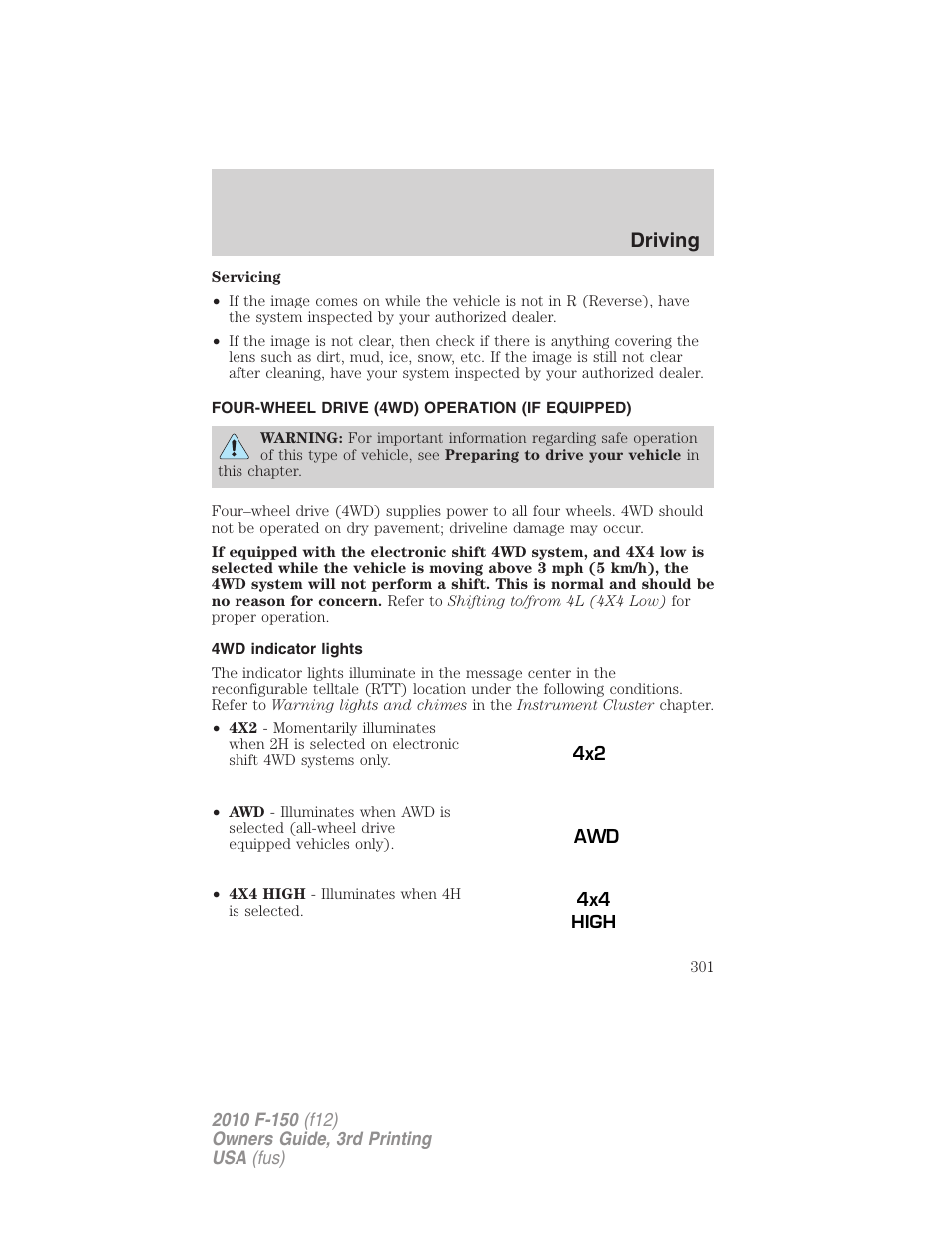 Four-wheel drive (4wd) operation (if equipped), 4wd indicator lights, Driving | FORD 2010 F-150 v.3 User Manual | Page 301 / 419