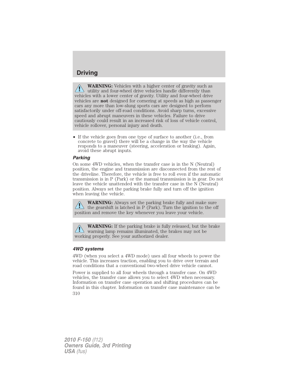 Parking, 4wd systems, Driving | FORD 2010 F-150 v.3 User Manual | Page 310 / 419