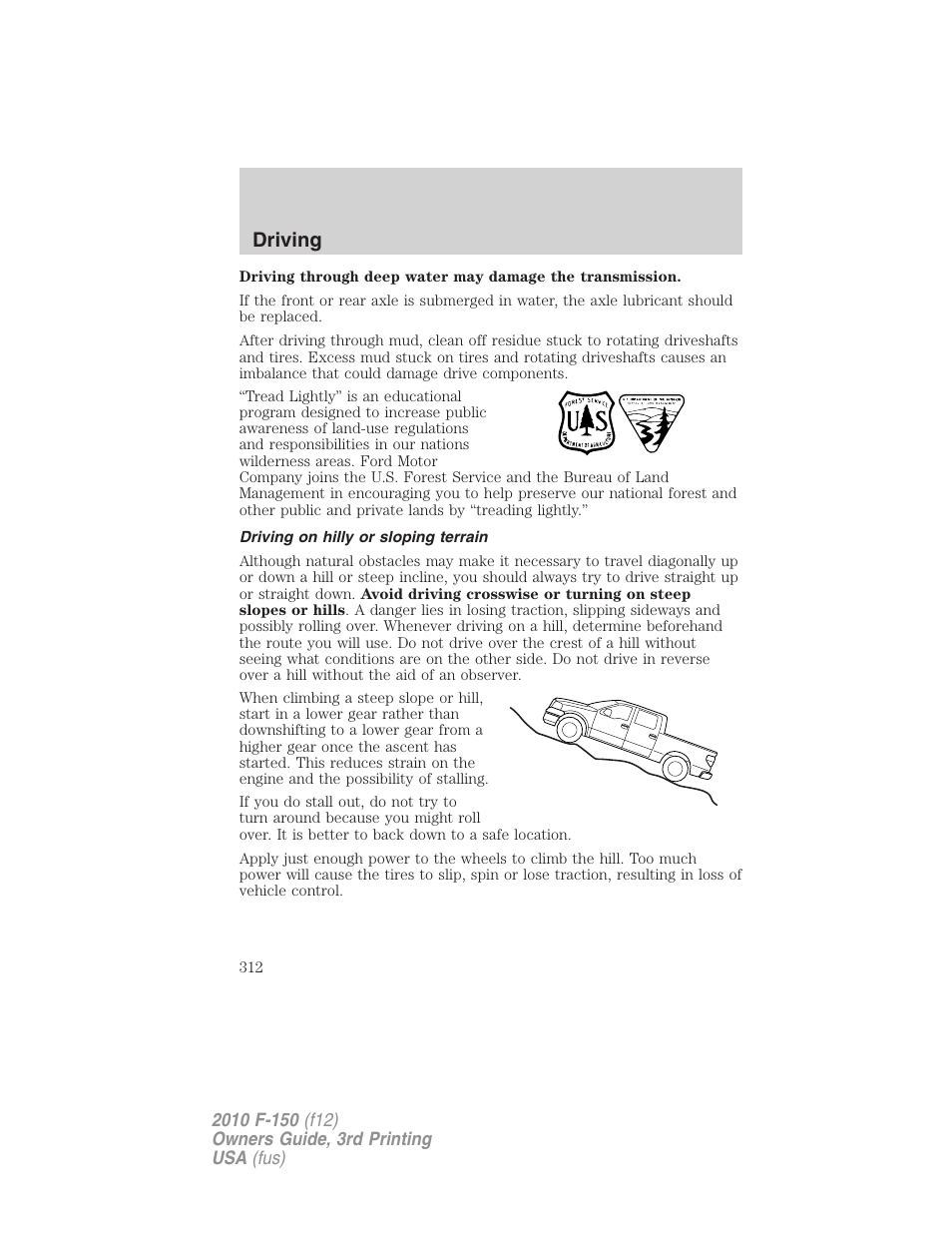 Driving on hilly or sloping terrain, Driving | FORD 2010 F-150 v.3 User Manual | Page 312 / 419