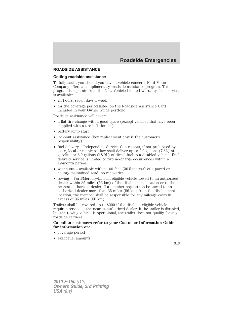 Roadside emergencies, Roadside assistance, Getting roadside assistance | FORD 2010 F-150 v.3 User Manual | Page 319 / 419