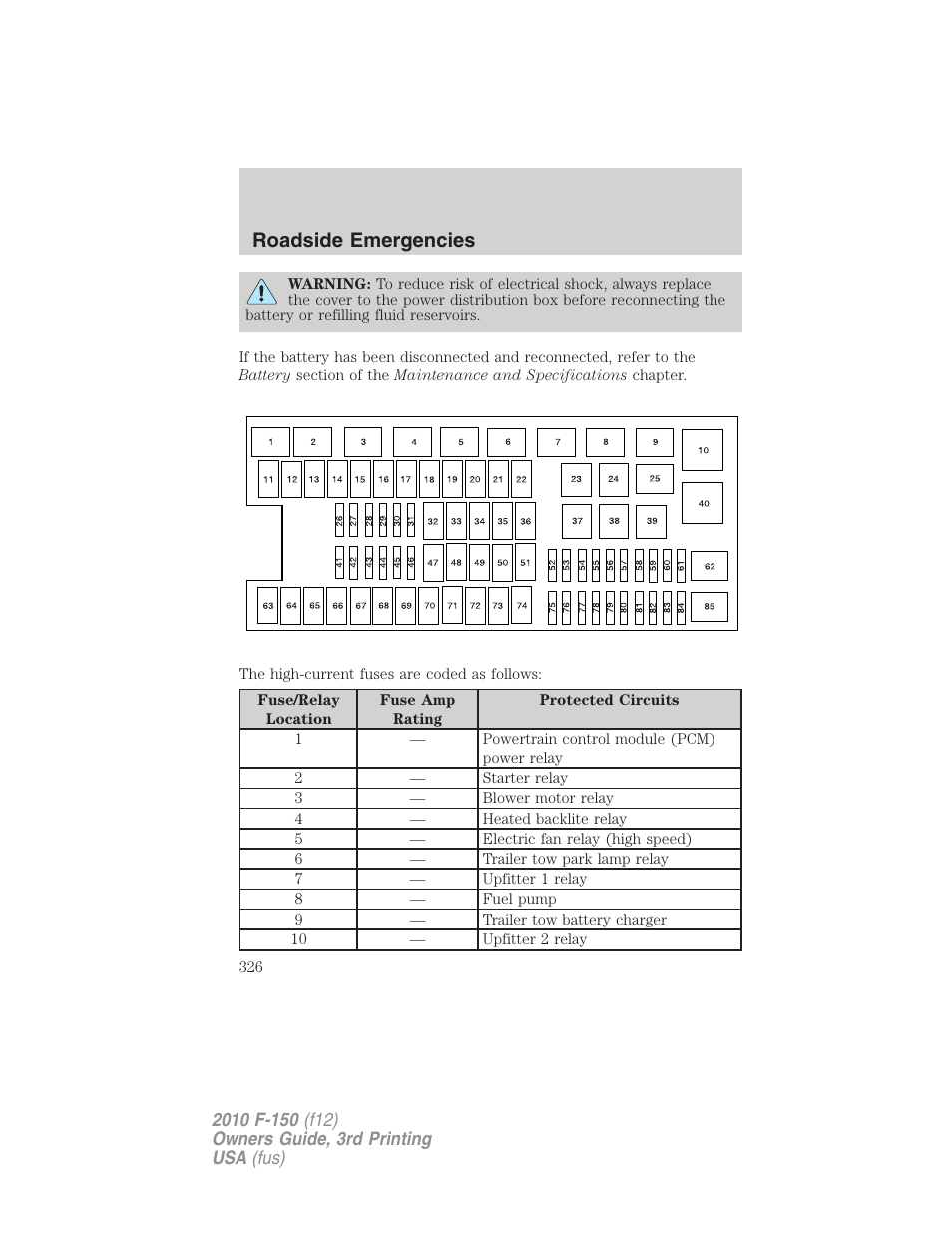 Roadside emergencies | FORD 2010 F-150 v.3 User Manual | Page 326 / 419