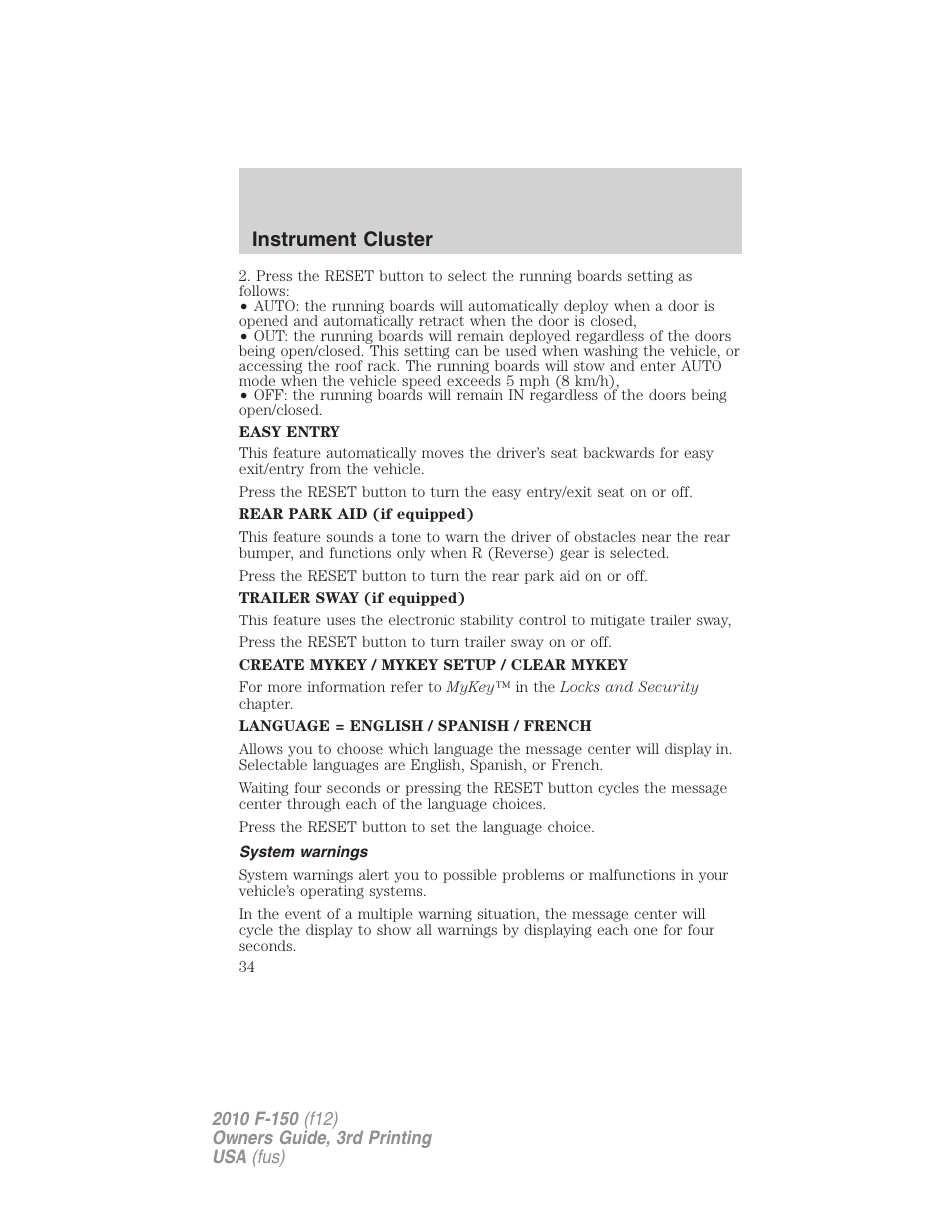 System warnings, Instrument cluster | FORD 2010 F-150 v.3 User Manual | Page 34 / 419