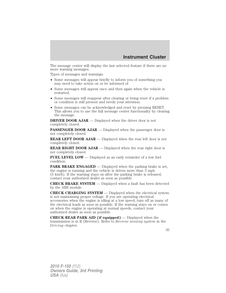 Instrument cluster | FORD 2010 F-150 v.3 User Manual | Page 35 / 419