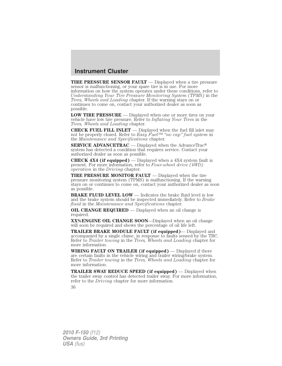 Instrument cluster | FORD 2010 F-150 v.3 User Manual | Page 36 / 419