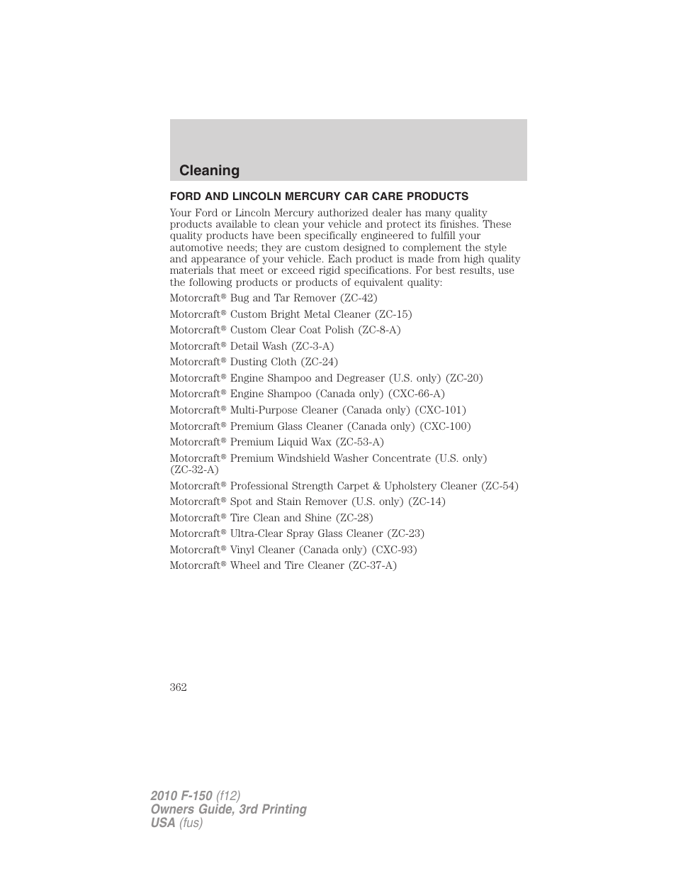 Ford and lincoln mercury car care products, Cleaning | FORD 2010 F-150 v.3 User Manual | Page 362 / 419