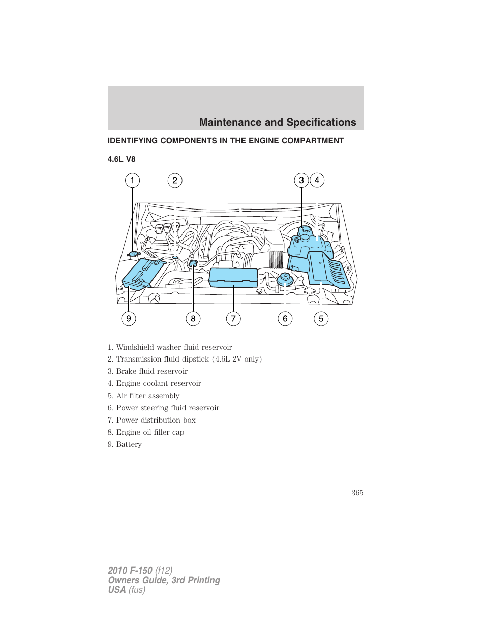 Identifying components in the engine compartment, 6l v8, Engine compartment | Maintenance and specifications | FORD 2010 F-150 v.3 User Manual | Page 365 / 419