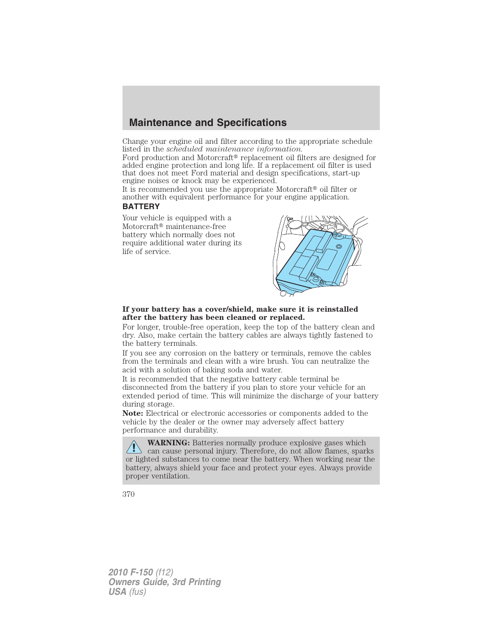 Battery, Maintenance and specifications | FORD 2010 F-150 v.3 User Manual | Page 370 / 419