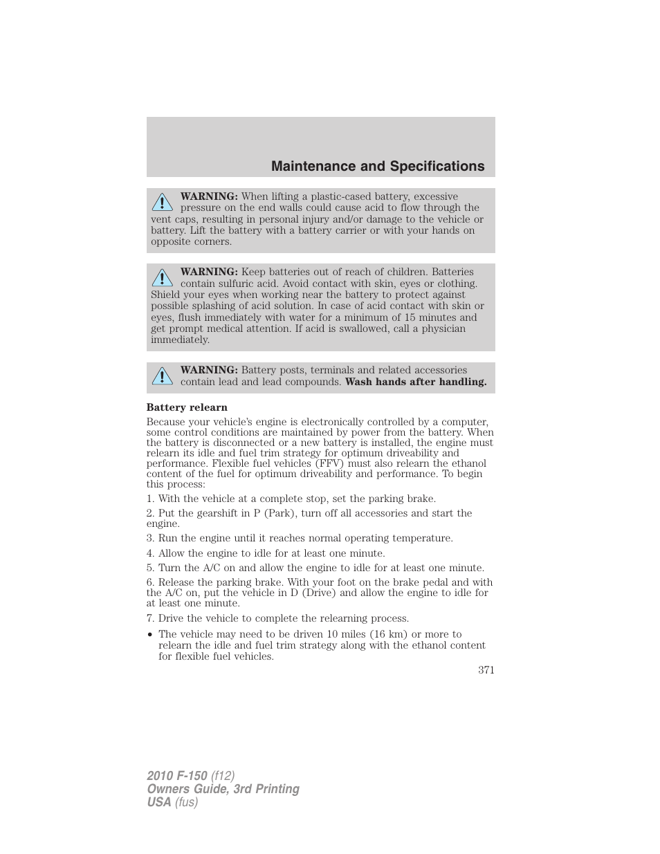 Maintenance and specifications | FORD 2010 F-150 v.3 User Manual | Page 371 / 419