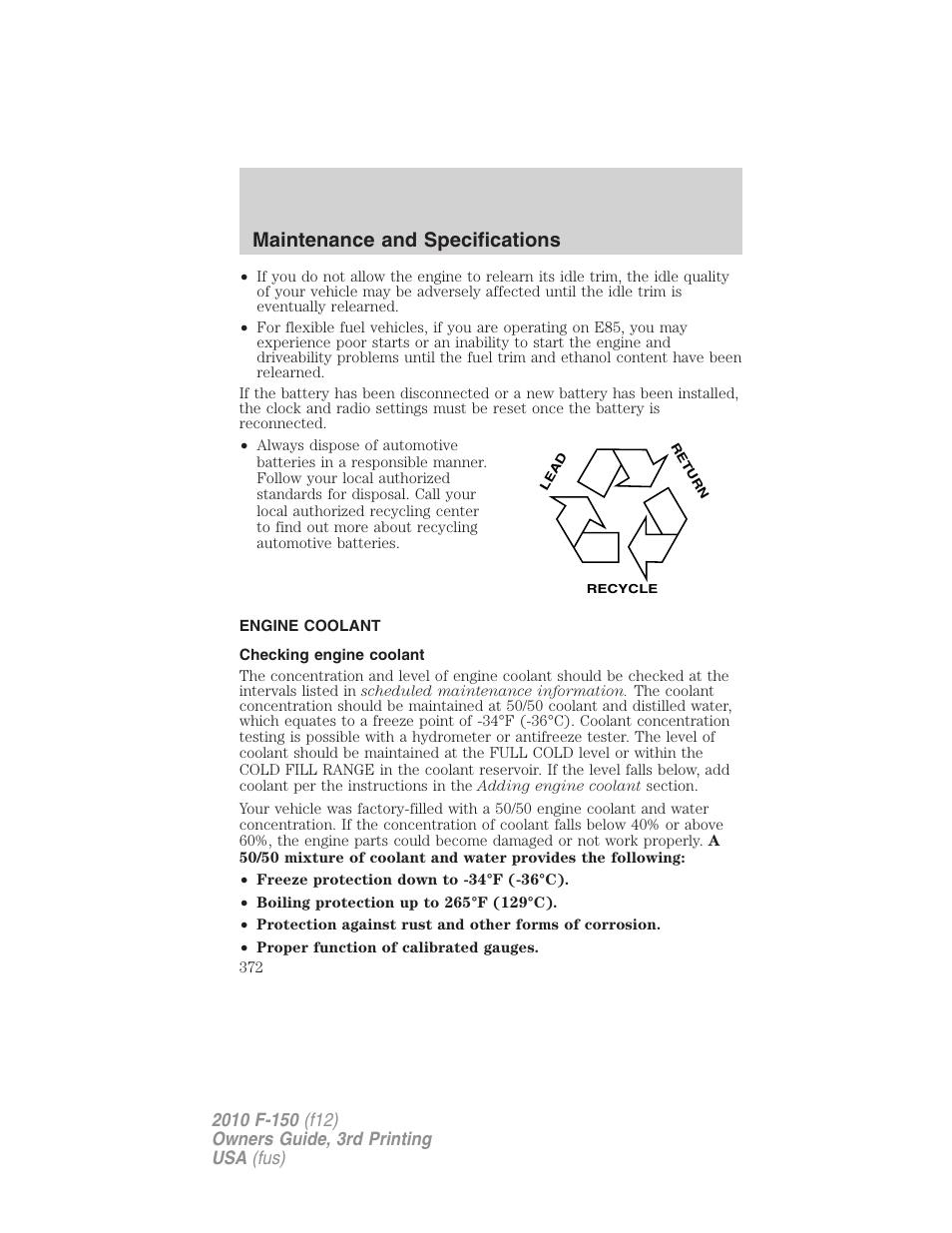 Engine coolant, Checking engine coolant, Maintenance and specifications | FORD 2010 F-150 v.3 User Manual | Page 372 / 419