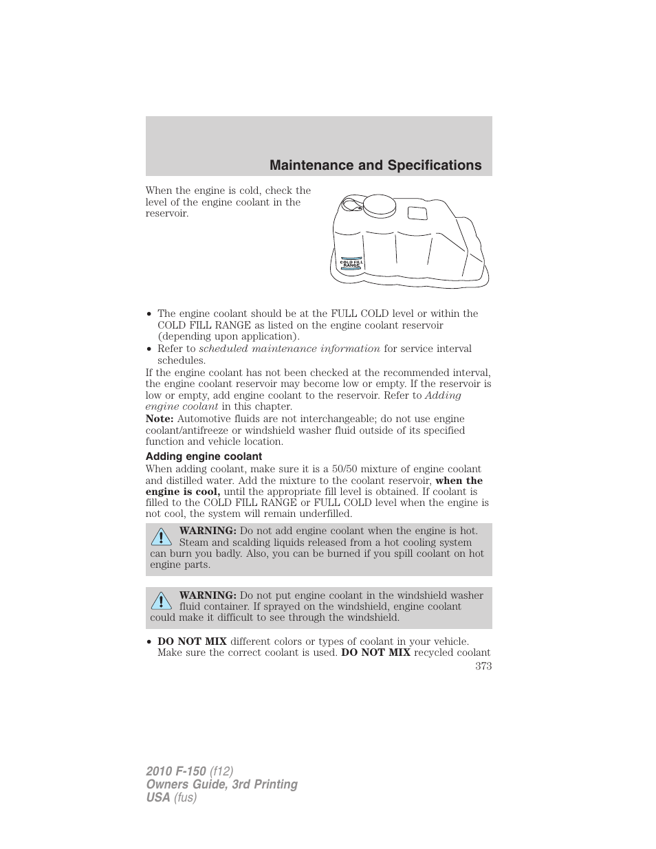 Adding engine coolant, Maintenance and specifications | FORD 2010 F-150 v.3 User Manual | Page 373 / 419