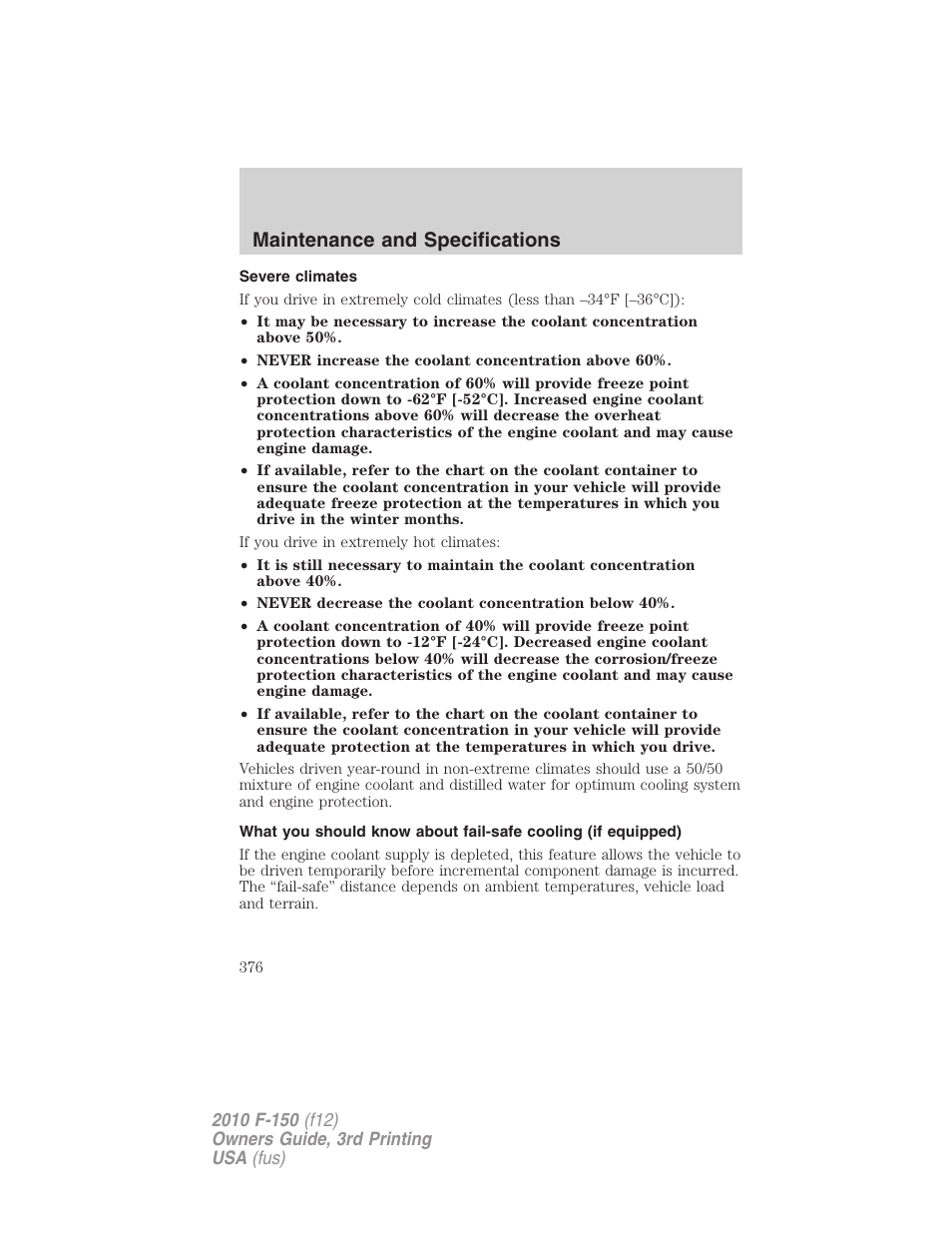 Severe climates, Maintenance and specifications | FORD 2010 F-150 v.3 User Manual | Page 376 / 419