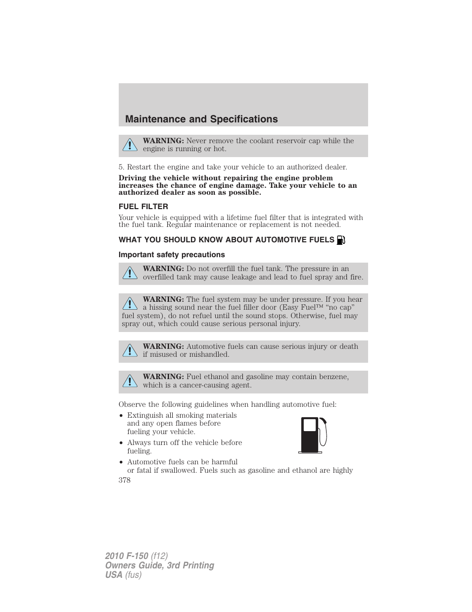 Fuel filter, What you should know about automotive fuels, Important safety precautions | Fuel information, Maintenance and specifications | FORD 2010 F-150 v.3 User Manual | Page 378 / 419