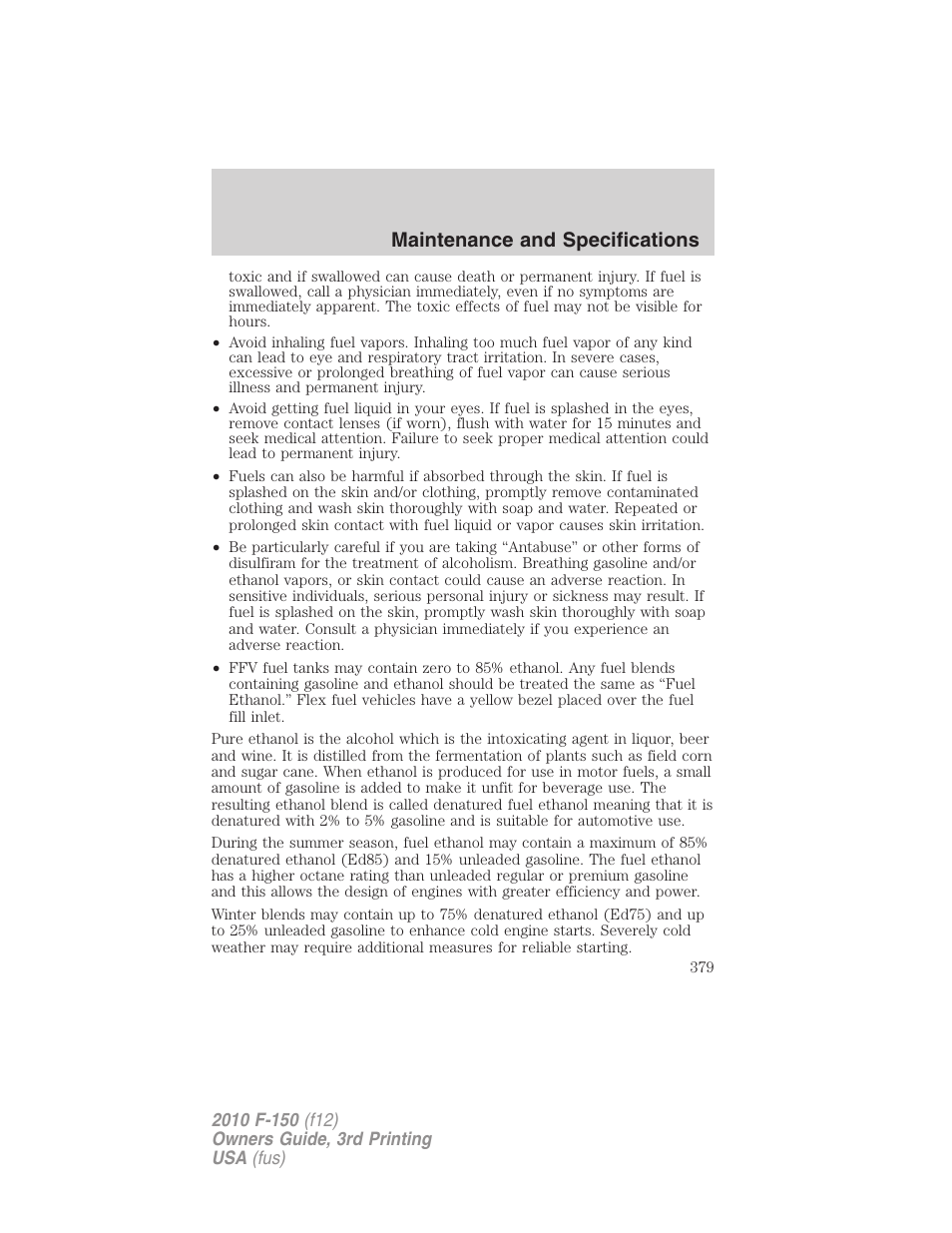 Maintenance and specifications | FORD 2010 F-150 v.3 User Manual | Page 379 / 419