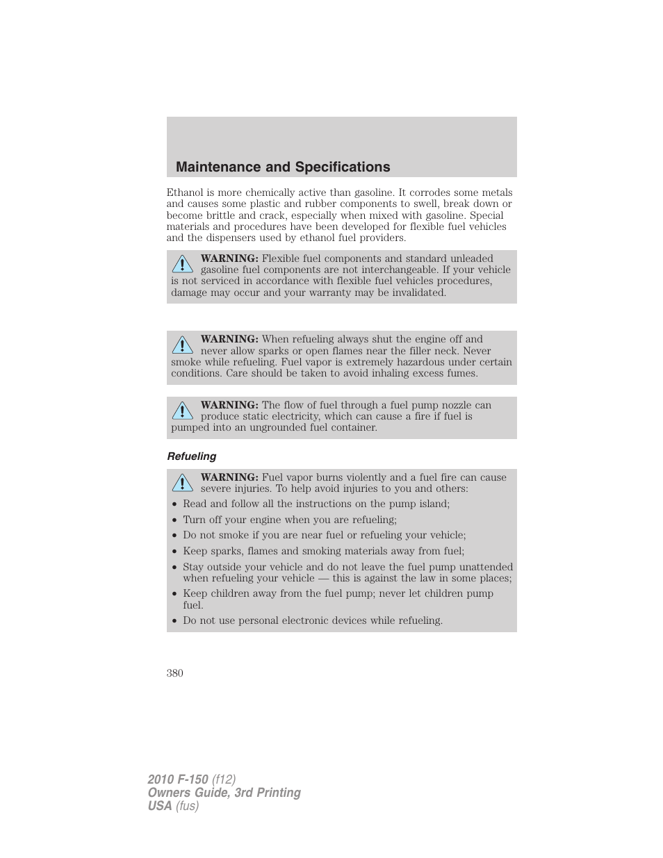 Refueling, Maintenance and specifications | FORD 2010 F-150 v.3 User Manual | Page 380 / 419