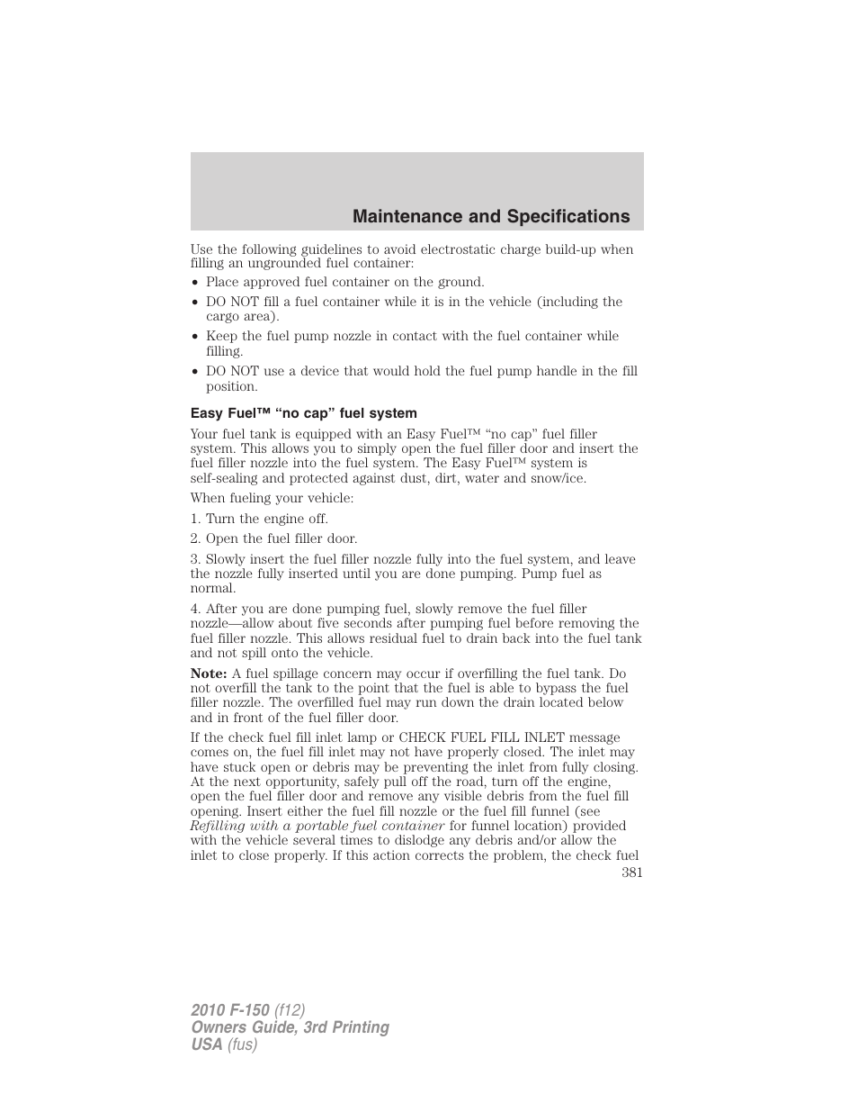 Easy fuel™ “no cap” fuel system, Maintenance and specifications | FORD 2010 F-150 v.3 User Manual | Page 381 / 419