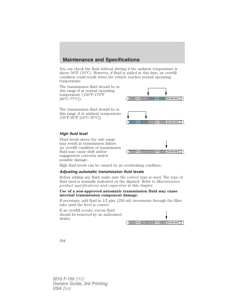 High fluid level, Adjusting automatic transmission fluid levels, Maintenance and specifications | FORD 2010 F-150 v.3 User Manual | Page 394 / 419