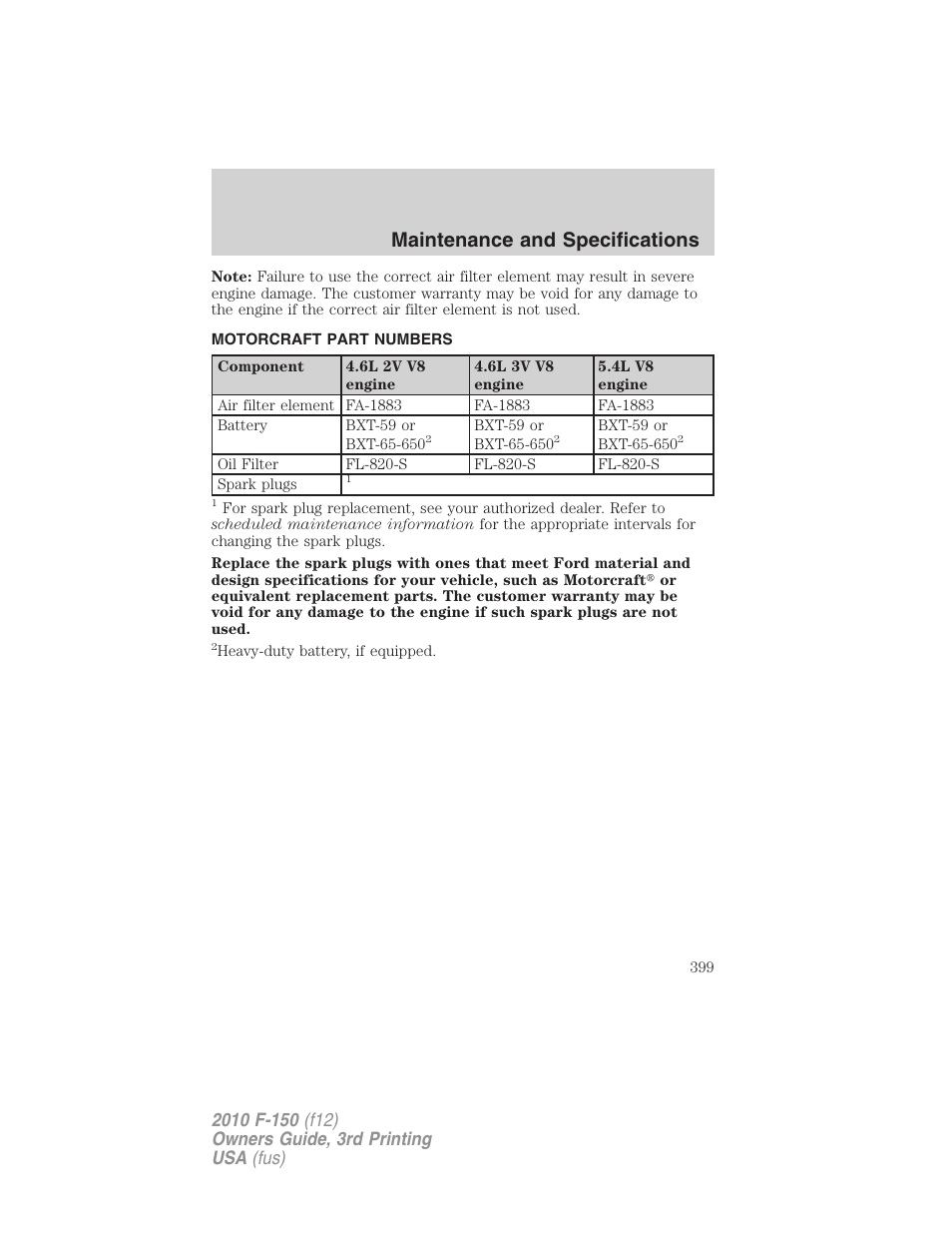 Motorcraft part numbers, Part numbers, Maintenance and specifications | FORD 2010 F-150 v.3 User Manual | Page 399 / 419