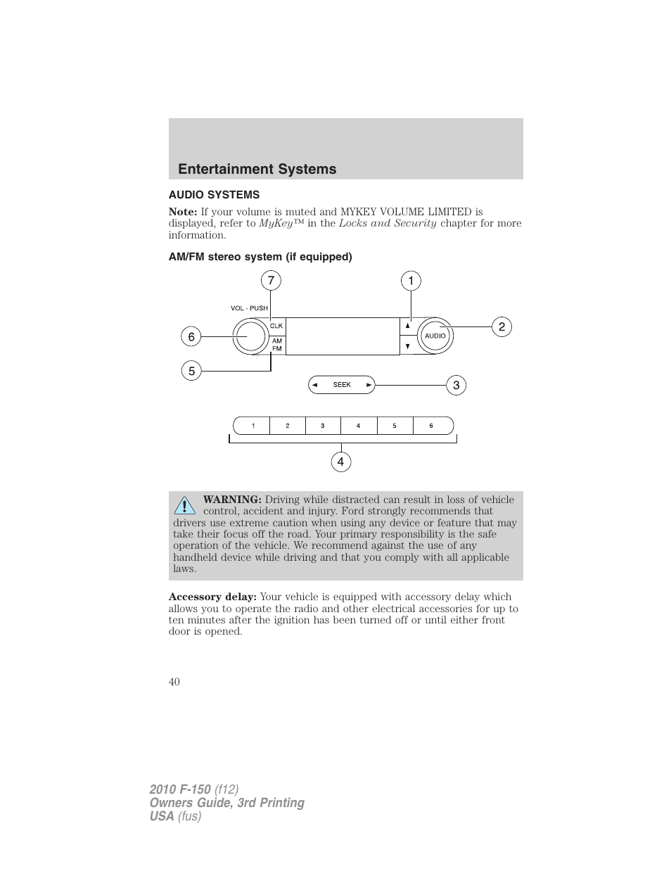 Entertainment systems, Audio systems, Am/fm stereo system (if equipped) | Am/fm stereo | FORD 2010 F-150 v.3 User Manual | Page 40 / 419