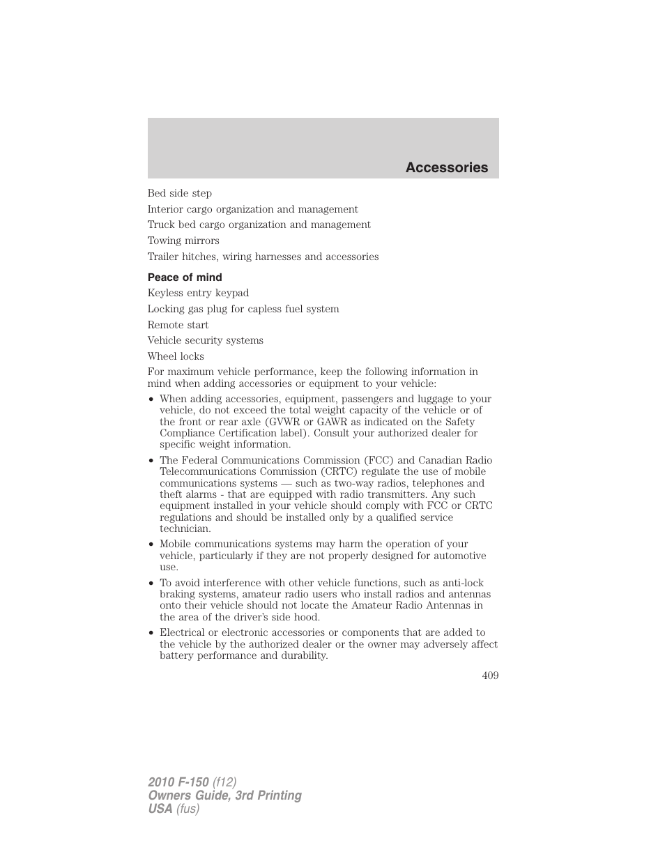 Peace of mind, Accessories | FORD 2010 F-150 v.3 User Manual | Page 409 / 419