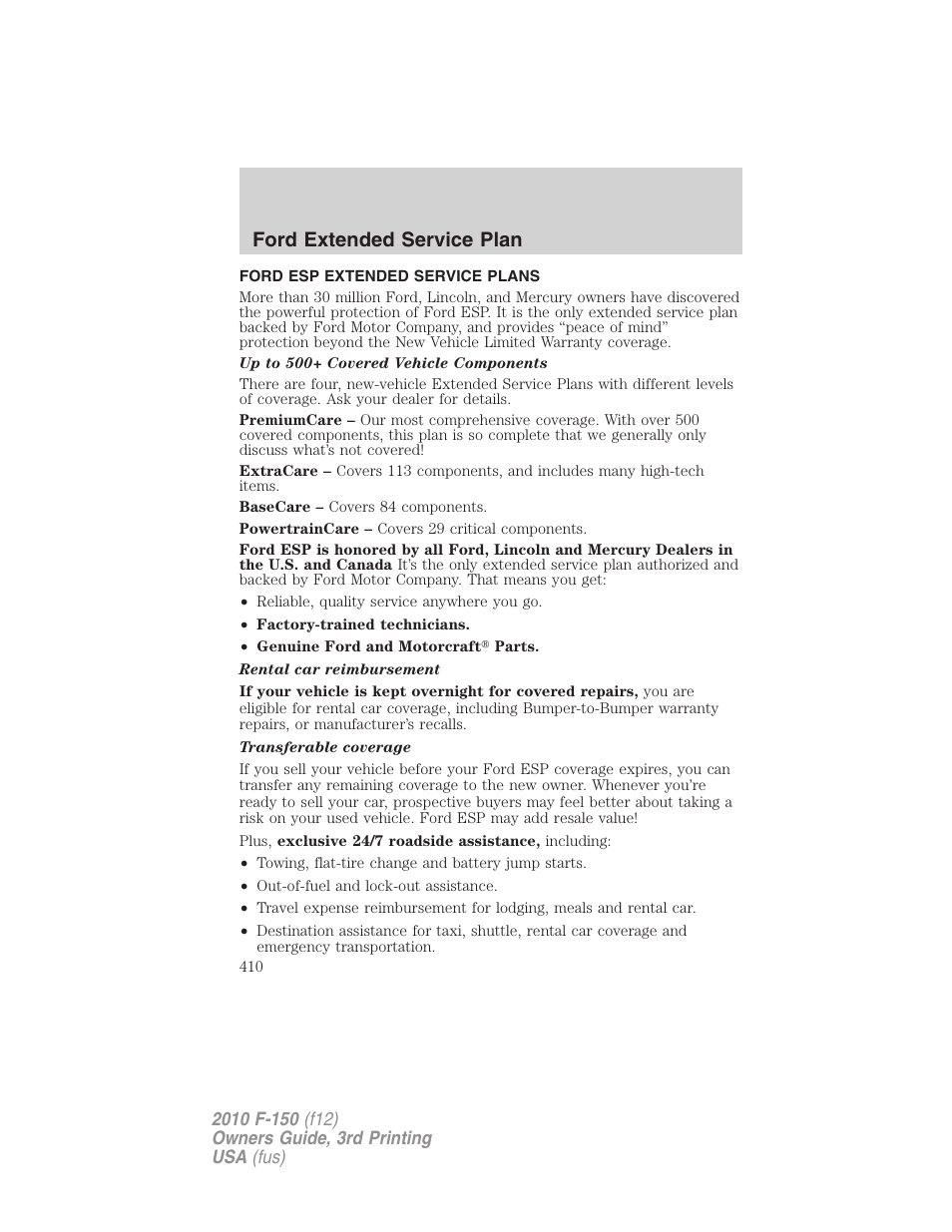 Ford extended service plan, Ford esp extended service plans | FORD 2010 F-150 v.3 User Manual | Page 410 / 419