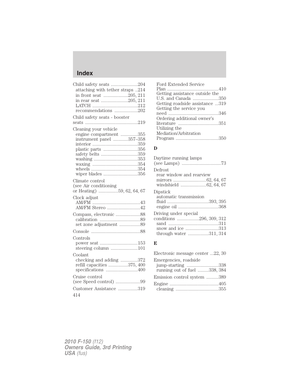 Index | FORD 2010 F-150 v.3 User Manual | Page 414 / 419