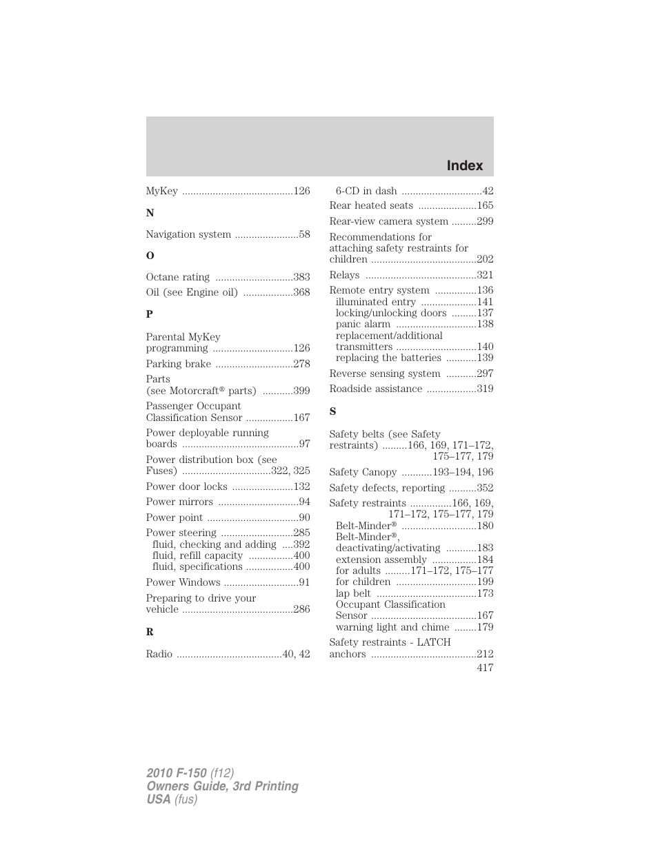 Index | FORD 2010 F-150 v.3 User Manual | Page 417 / 419