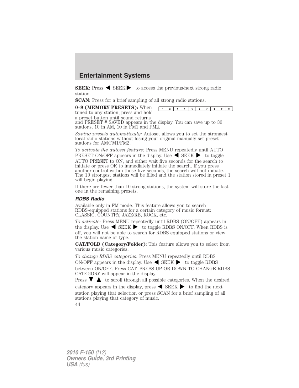 Rdbs radio, Entertainment systems | FORD 2010 F-150 v.3 User Manual | Page 44 / 419