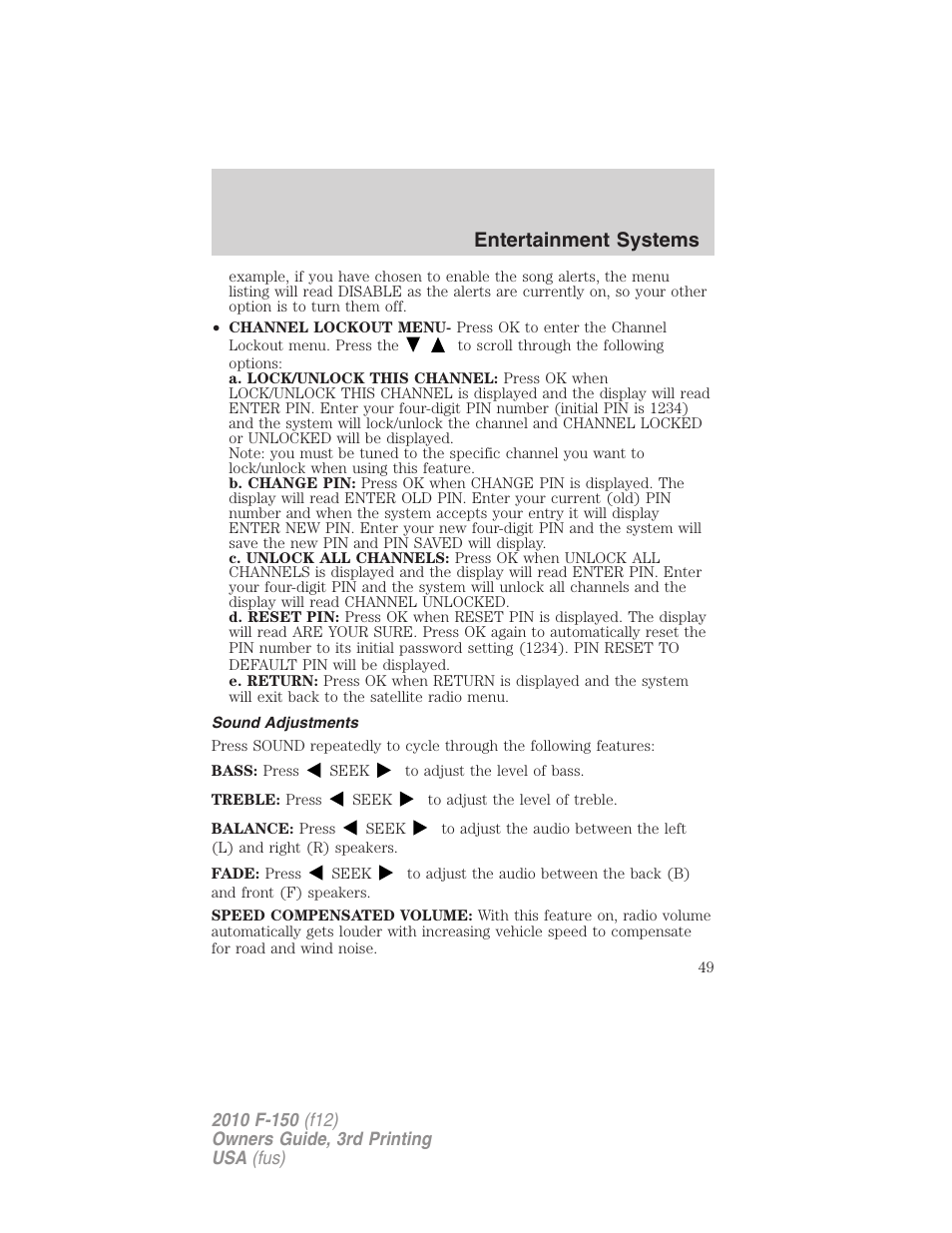 Sound adjustments, Entertainment systems | FORD 2010 F-150 v.3 User Manual | Page 49 / 419