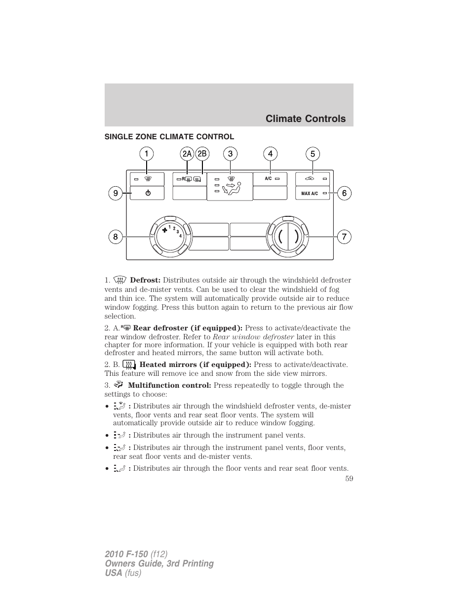 Climate controls, Single zone climate control, Manual heating and air conditioning | FORD 2010 F-150 v.3 User Manual | Page 59 / 419