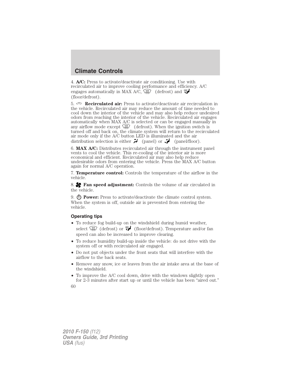 Operating tips, Climate controls | FORD 2010 F-150 v.3 User Manual | Page 60 / 419