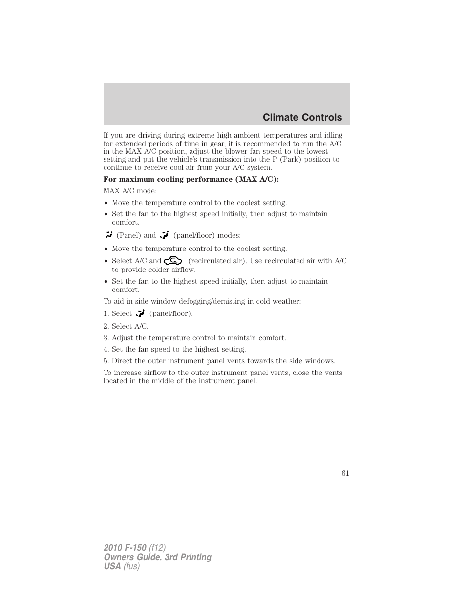 Climate controls | FORD 2010 F-150 v.3 User Manual | Page 61 / 419