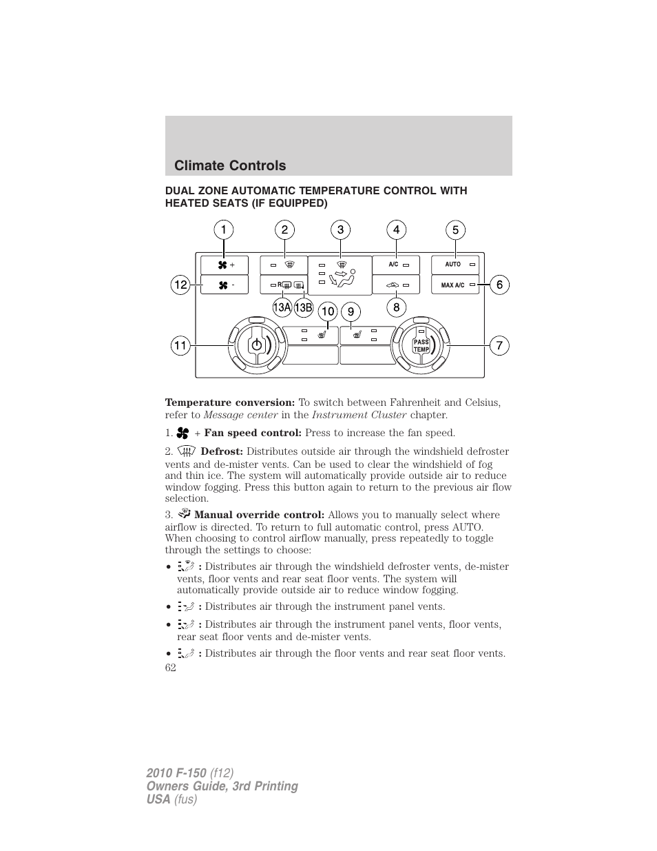 Dual electronic automatic temperature control, Climate controls | FORD 2010 F-150 v.3 User Manual | Page 62 / 419