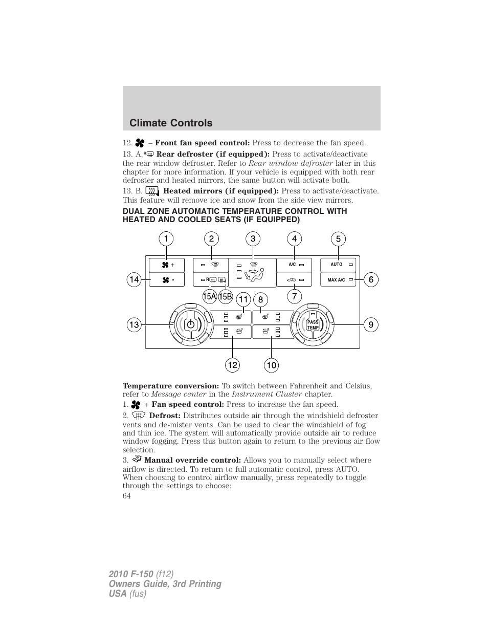 Climate controls | FORD 2010 F-150 v.3 User Manual | Page 64 / 419