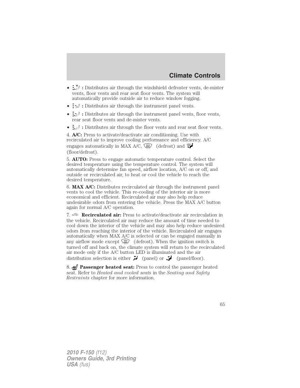 Climate controls | FORD 2010 F-150 v.3 User Manual | Page 65 / 419